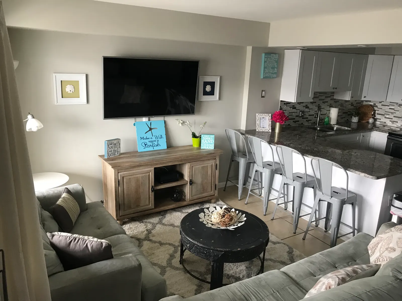 Open living room and kitchen of the North Wildwood condo