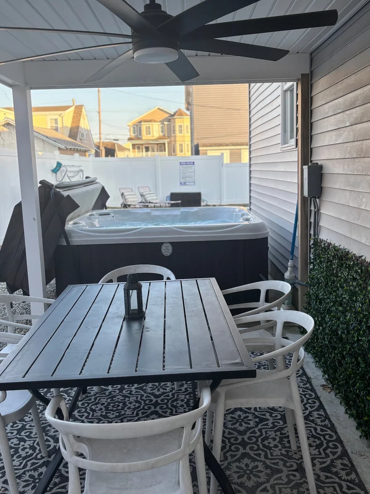 Covered backyard dining table for group meals