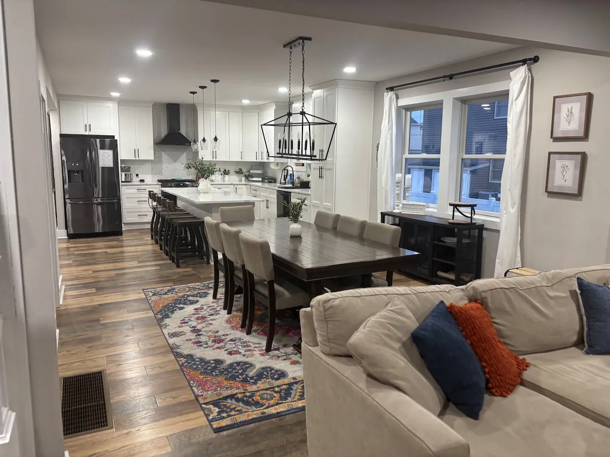 Open kitchen, dining, and living spaces for a full house