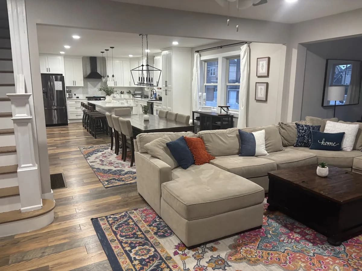 Open-plan living space stretching toward the kitchen