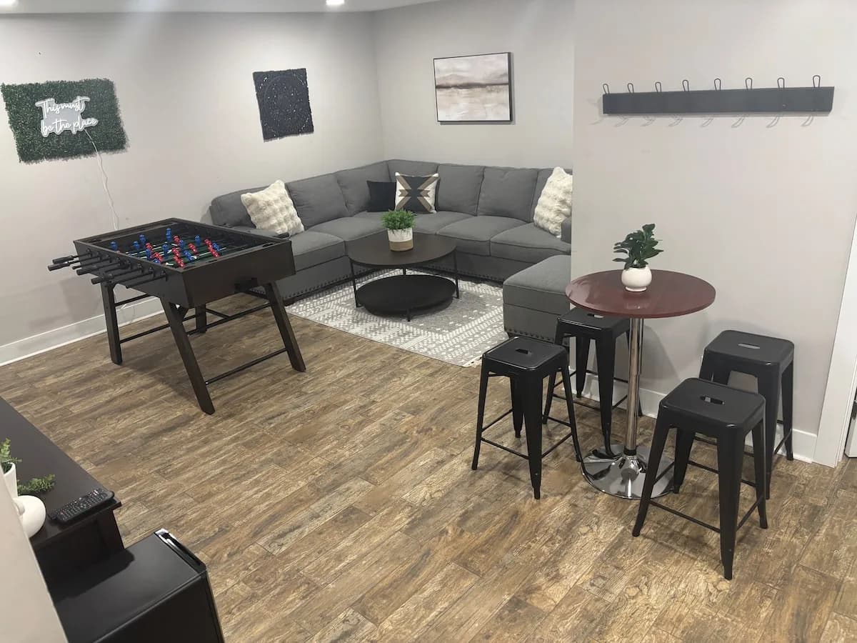 Game room arranged for playing and relaxing together