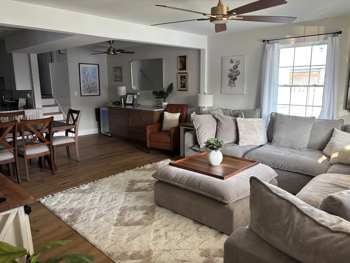 Open living room viewed from the dining area